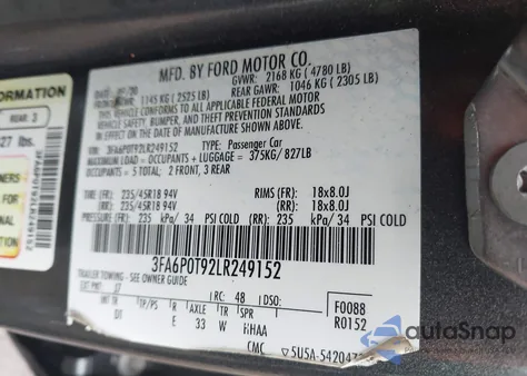 2020 Ford Fusion Se z USA, uszkodzony, nr VIN 3FA6P0T92LR249152